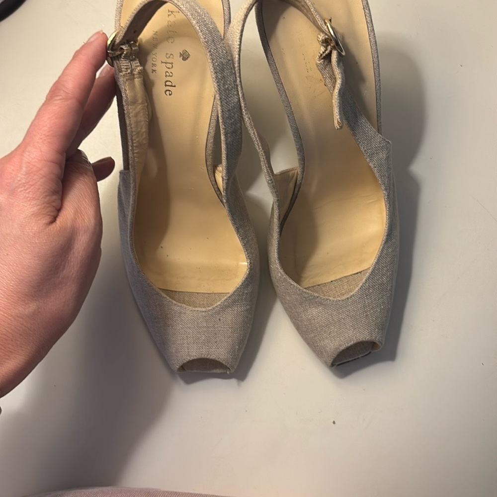 kate spade neutral beige linen peep-toe wedge sandals - Picture 4 of 7